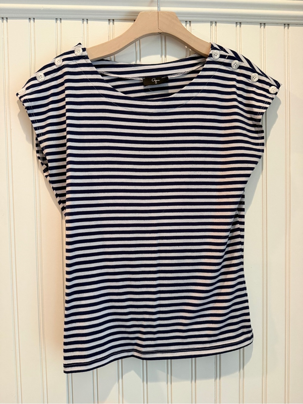 Aqua Navy and White Striped Button-Shoulder Tee